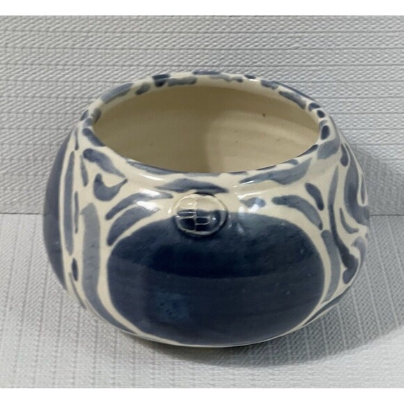 Blue & White Swirl Stoneware Planter Flower Pot Round Wheel Thrown Maker’s Mark - Picture 3 of 17